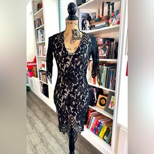 Forever 21, black lace dress, nude sheer slip, back cut out, size S